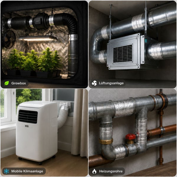 Collage mit Growbox, Lüftungsanlage, mobiler Klimaanlage am Fenster und isolierten Heizungsrohren zur Veranschaulichung verschiedener Anwendungen.