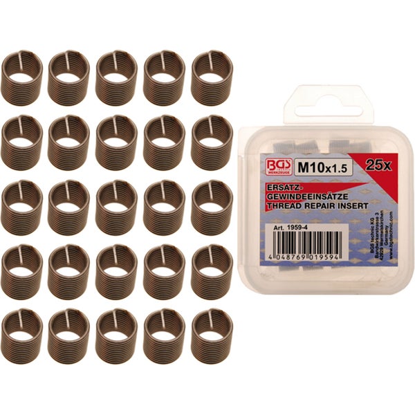 BGS Werkzeuge Gewindeeinsätze M10x1.5, 25 Stück, zur Reparatur von Gewinden