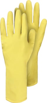 Ein Paar Haushaltshandschuhe aus Gummi für Schutz bei Reinigungsarbeiten.