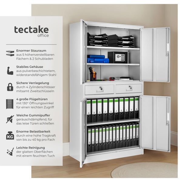 Weißer Flügeltürenschrank Tectake Office mit Zylinderschlössern und verstellbaren Fächern