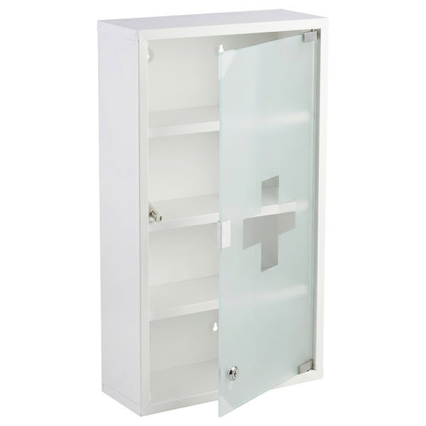 Weißer Medizinschrank aus Metall mit abschließbarer Milchglastür, Kreuz-Symbol und Innenfächern.