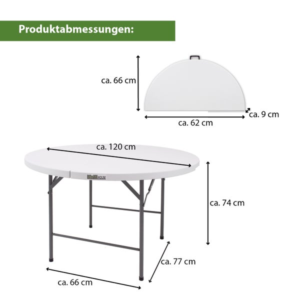 Maßzeichnung eines runden Klapptisches von Trutzholm mit den Abmessungen für den aufgebauten und zusammengeklappten Zustand.