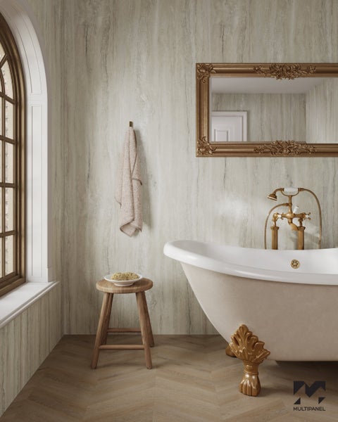 Paneel, Duschrückwand, Wandverkleidung MDF-Kern – wasserresistent, für Bad Dusche Feuchtraum, natürliche Marmoroptik, Jupiter Silver, multiPANEL Wandpaneel 240cm x 120cm, 2,88m²
