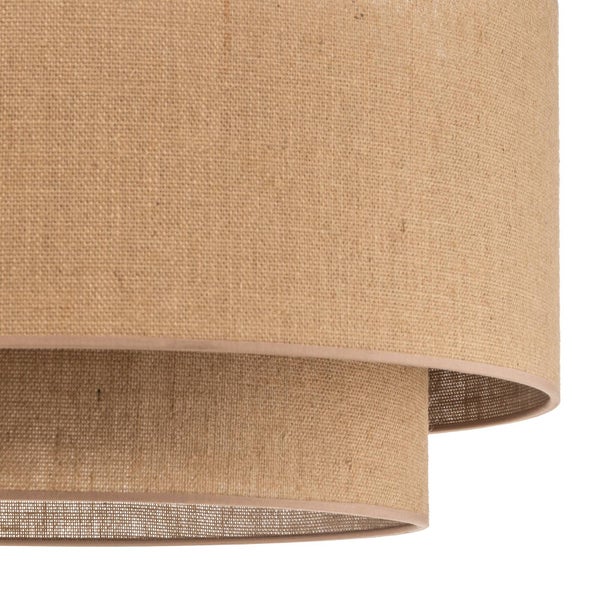 Nahaufnahme eines zweistufigen Lampenschirms aus Jutegewebe in runder Form.