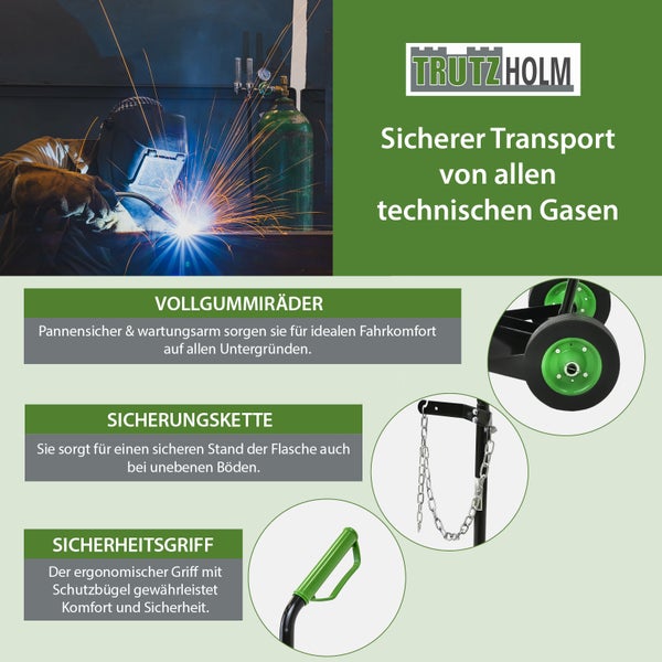 Trutzholm Gasflaschenkarre mit Vollgummirädern, Sicherungskette und Sicherheitsgriff für den sicheren Transport von Gasflaschen.