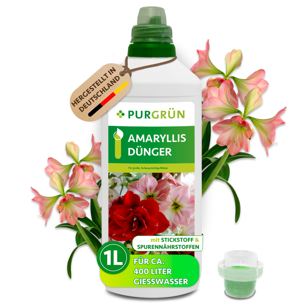 Purgrün Amaryllis Dünger 1 Liter Flasche mit Spurennährstoffen für prächtige Blüten.