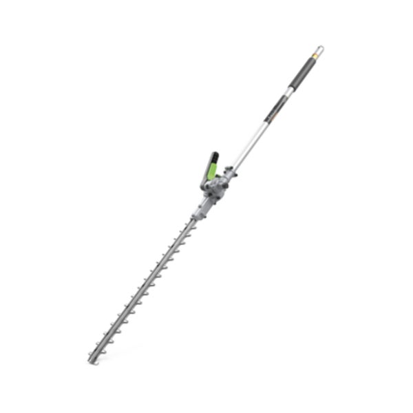 Heckenscherenaufsatz für Multitool mit verstellbarem Schneidkopf und langem Schaft aus Metall und Kunststoff.