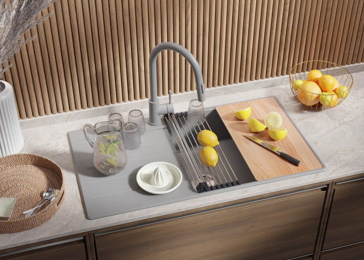 PRIMAGRAN Spülbecken Grau 90x50cm, Granitspüle 1 Becken + Ablauf-Set + Schneidebrett, Küchenspüle ab 60er Unterschrank - Kopenhagen