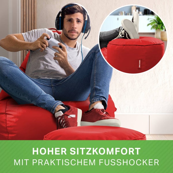 Green Bean 2er Set Sitzsack + Hocker - fertig befüllt - robust waschbar schmutzabweisend - Kinder & Erwachsene Bean Bag Bodenkissen Lounge Sitzhocker Relax-Sessel Gamer Gamingstuhl Pouf - Rot