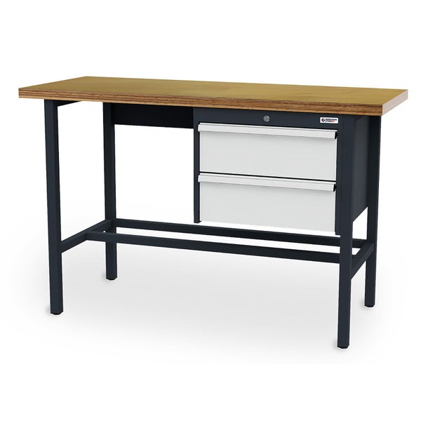 Werkbank mit Arbeitsplatte aus Holz, Metallgestell in Anthrazit und zwei hellgrauen Schubladen.