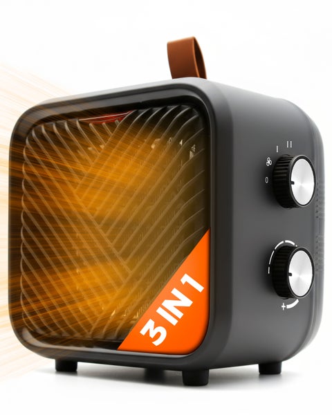 Kompakter Keramik-Heizlüfter in Schwarz mit Retro-Design, Tragegriff, zwei Drehreglern für Heizstufen und Thermostat.
