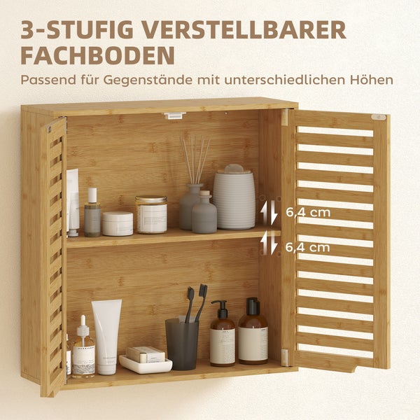 Badezimmer-Wandschrank aus Bambus mit zwei Lamellentüren und einem 3-stufig verstellbaren Fachboden in Abständen von 6,4 Zentimetern.