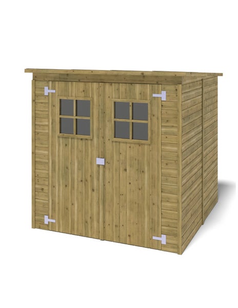 Gartenhaus aus Holz mit Pultdach und Doppeltür mit Fensterelementen