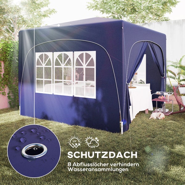 Outsunny Pavillon 3x3m, wasserabweisend Stabil Winterfest Pop-up Faltpavillon, UV Schutz 50+, Faltbar Partyzelt Gartenzelt mit 4 Seitenteilen Tasche Gartenpavillon für Camping Garten, Dunkelblau