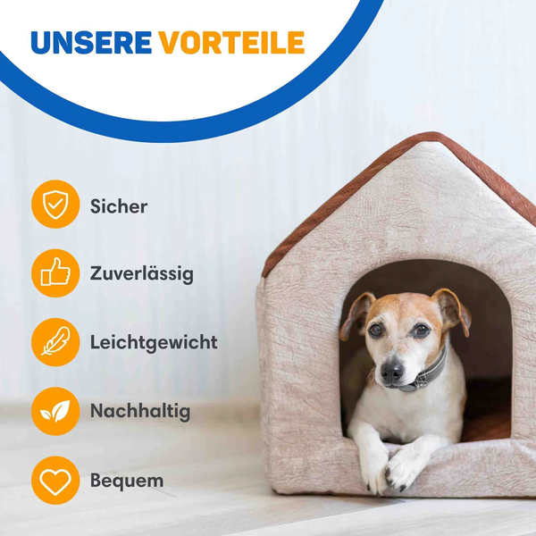 Hundehütte für den Innenbereich mit einem kleinen Hund im Inneren und einer Liste der Produktvorteile wie sicher, zuverlässig und leichtgewichtig.