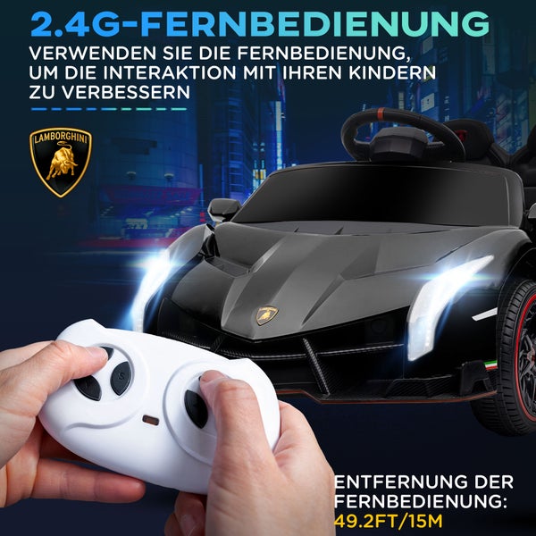 HOMCOM Kinder Elektroauto, 12V, mit Anzeige, Bluetooth, Musikfunktion, Fernbedienung, lamborghini Veneno, für 3-6 Jahre Kinder, 3-7 km/h, 82L x 48B x 56H cm, Kunststoff, Metall, Schwarz