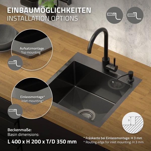 ML-Design Spülbecken Edelstahl 45x45 cm Anthrazit, Küchenspüle eckig, 1 Becken klein, Einbauspüle mit 2 Löchern, Edelstahlspüle mit Ab- und Überlaufgarnitur, Einzelbecken mit Siphon, Waschbecken Küche