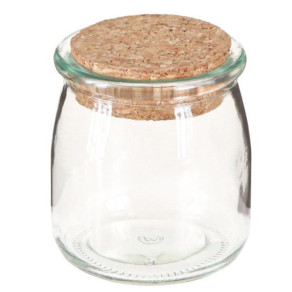 Transparentes Vorratsglas aus Glas mit einem runden Korkdeckel.