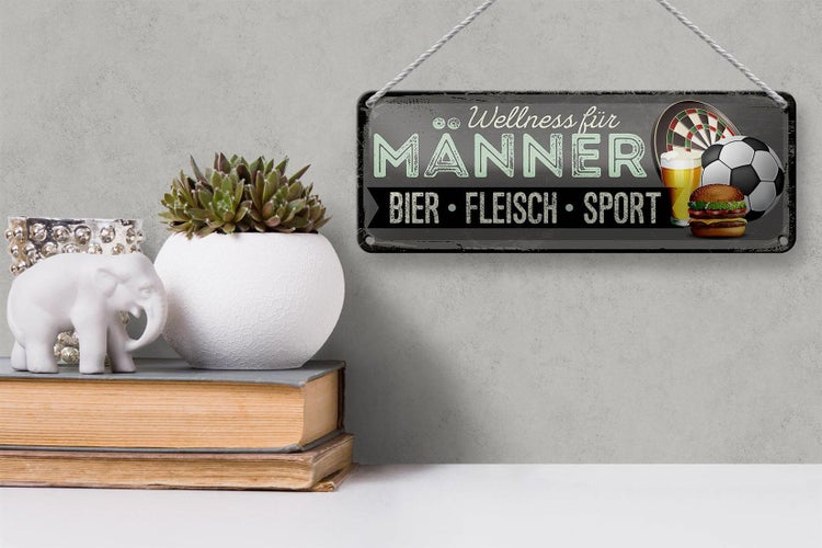 Blechschild Spruch 27x10cm Wellness für Männer Bier Fleisch