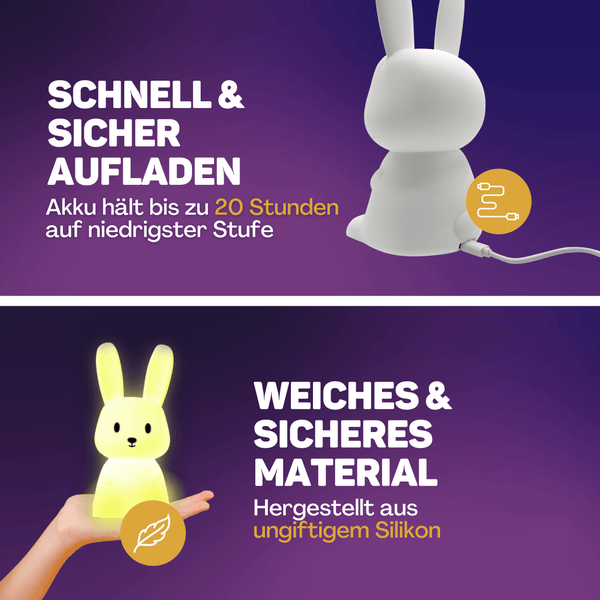 Vulpes Goods Nachtlicht  - Mit LED Licht und 8 Farben - Kinderlampe - Kaninchen - Nachttischlampe - USB - aufladbar  - Dimmer