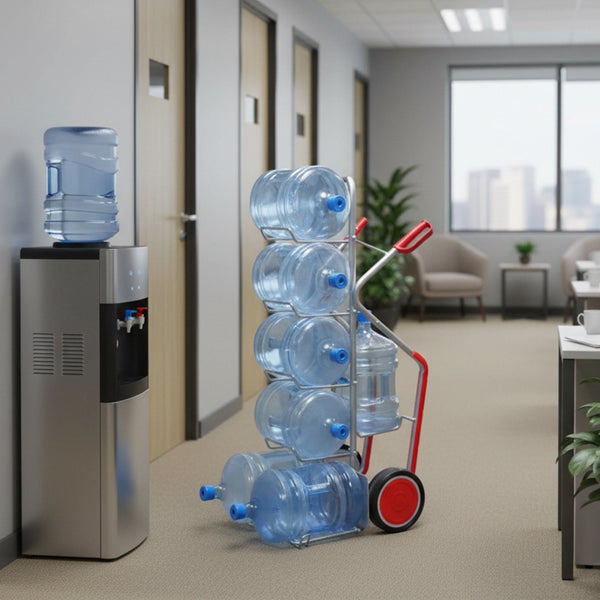 Sackkarre für Wasserflaschen neben einem Wasserspender in einem hellen Büroflur. Metallgestell mit roten Griffen und großen Wasserbehältern.