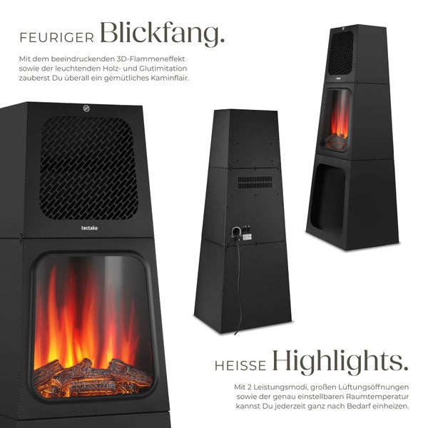 Schwarzer Elektrokamin von tectake mit Flammen- und Holzimitation.