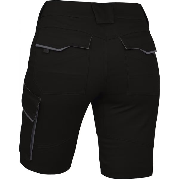 Schwarze Arbeitsshorts in der Rückansicht mit zwei Gesäßtaschen und einer Beintasche mit Klappen sowie reflektierenden Paspeln.