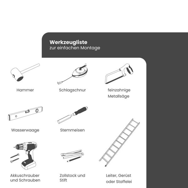 Werkzeugliste zur einfachen Montage mit Hammer, Schlagschnur, Metallsäge, Wasserwaage, Stemmeisen, Akkuschrauber mit Schrauben, Zollstock mit Stift und Leiter