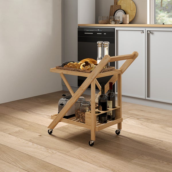 HOMCOM Küchenwagen Servierwagen mit Weinregal, Arbeitsplatte, 2 Ebenen, Rollwagen für Büro, Küche, Wohnzimmer, 66 x 40 x 70 cm, Bambus, Natur