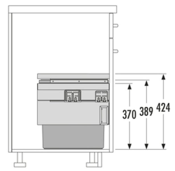 Maßzeichnung eines Badezimmerunterschranks mit den Höhenangaben 370, 389 und 424 Millimeter