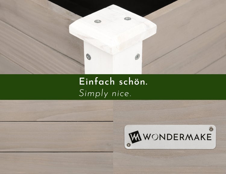 Detailansicht eines Hochbeets aus Holz mit WonderMake Logo