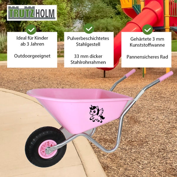 Trutzholm Kinder-Schubkarre in Pink mit Einhorn-Motiv, Kunststoffwanne, Stahlrohrrahmen und pannensicherem Rad, für Kinder ab 3 Jahren geeignet.