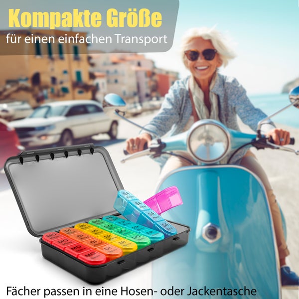BigDean 2 Stück Tablettenbox 7 Tage luftdicht & lebensmittelecht – Medikamentenbox Morgens, Mittags, Abends & Nacht – im Regenbogen Design