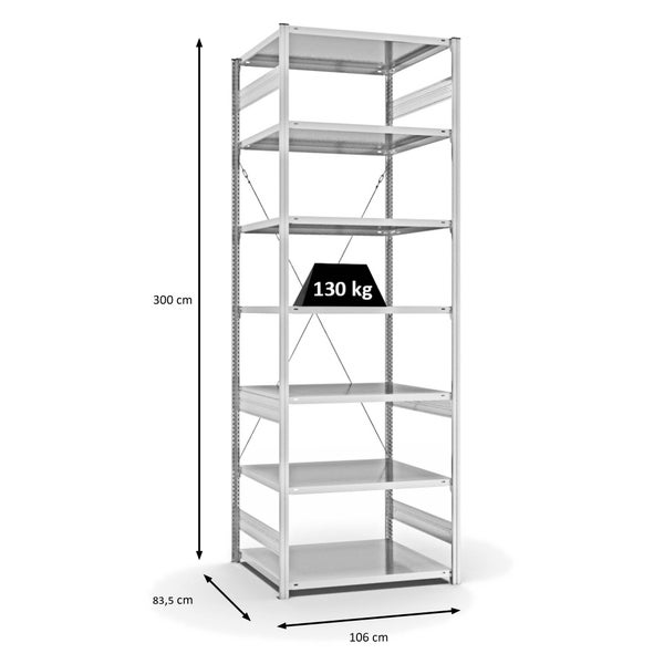 PROREGAL Fachbodenregal Stecksystem T-Profil Light-Duty Grundregal HxBxT 300 x 100 x 80 cm 7 Ebenen Fachlast 130 kg Einseitig Nutzbar Lichtgrau