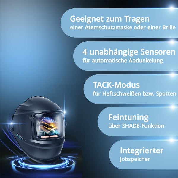 Schweißhelm mit Funktionen wie Tragekomfort für Atemschutzmasken oder Brillen, 4 unabhängigen Sensoren für automatische Abdunkelung, TACK-Modus für Heftschweißen, Feintuning über SHADE-Funktion und integriertem Jobspeicher