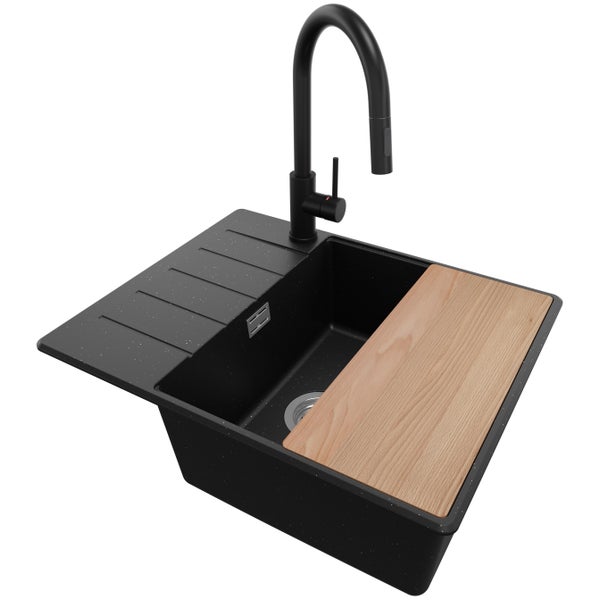 PRIMAGRAN Granitspüle Schwarz Metallic 62x50cm, Spülbecken 1 Becken + Küchenarmatur 40x20cm + Ablauf-Set + Schneidebrett, Küchenspüle ab 50er Unterschrank - Kopenhagen
