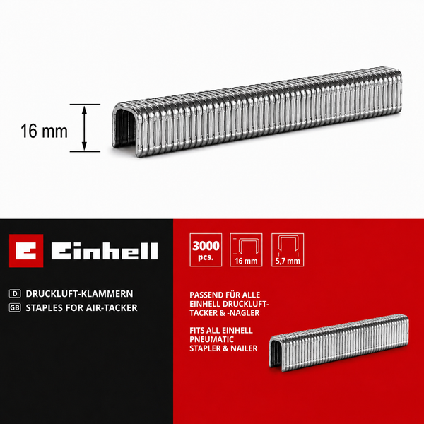 Einhell Druckluft Klammern mit 16 Millimeter Schenkellänge und 5,7 Millimeter Breite für Drucklufttacker in einer 3000 Stück Packung
