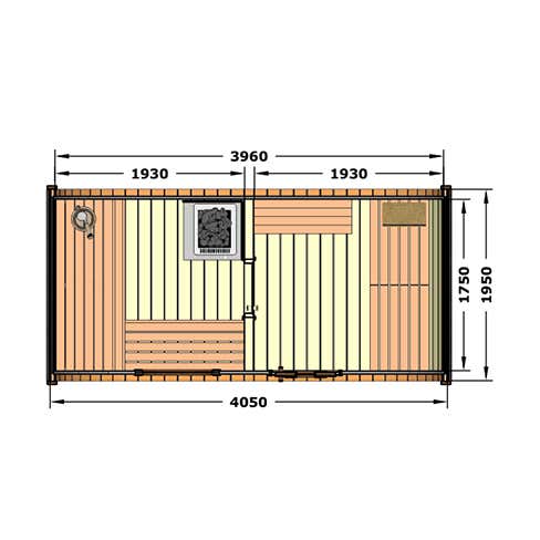 Grundriss einer Sauna mit zwei Räumen, Sitzbänken und Saunaofen sowie Maßangaben in Millimetern.
