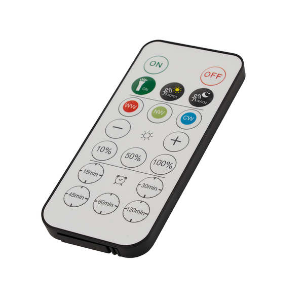 Fernbedienung für Leuchten mit Tasten zur Steuerung von Lichtintensität und Timerfunktionen