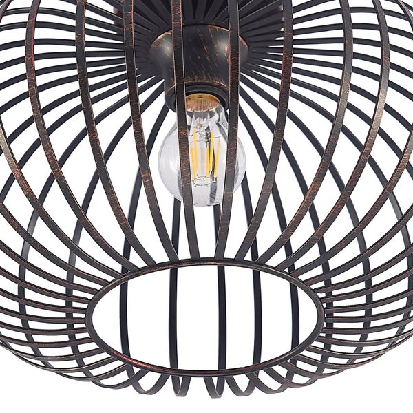 Nahaufnahme einer Deckenleuchte aus Metall mit Drahtkäfig und sichtbarem LED-Filament-Leuchtmittel.