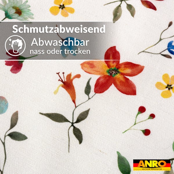 Stoff mit Blumenmuster, schmutzabweisend und abwaschbar nass oder trocken. ANRO Logo.