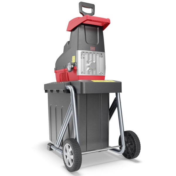 Elektrischer Walzenhäcksler in Rot und Schwarz mit Fangbox, stabilen Rädern und Metallgestell zum Zerkleinern von Gartenabfällen.