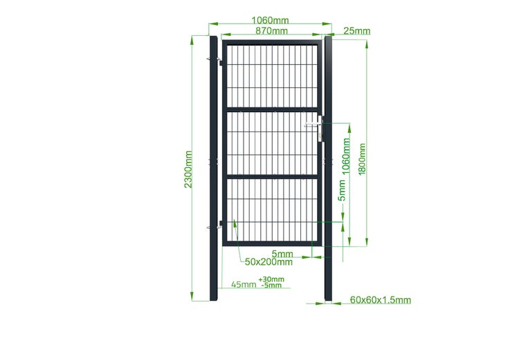 Technische Zeichnung eines Gartentors mit Maßangaben