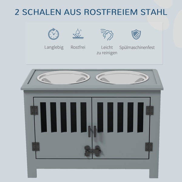 Graues Hundekäfig-Möbel mit zwei Edelstahlschalen, langlebig, rostfrei, leicht zu reinigen und spülmaschinenfest.