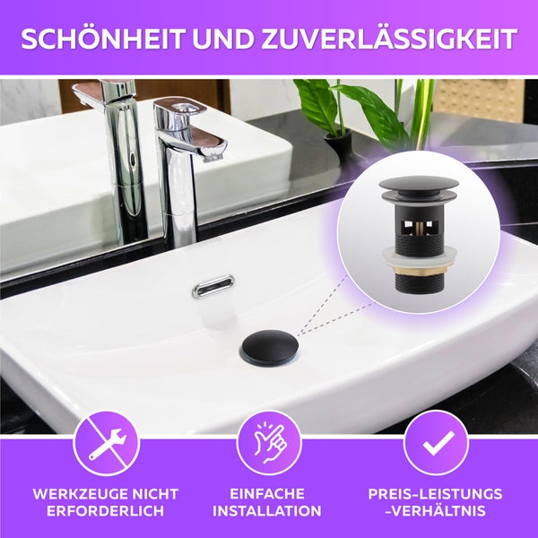 Waschbecken mit Ablaufgarnitur und Symbolen für werkzeuglose Montage, einfache Installation und gutes Preis-Leistungs-Verhältnis