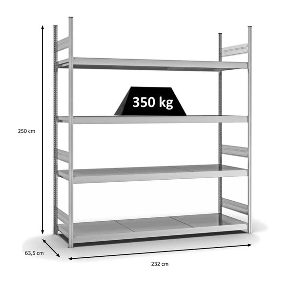 PROREGAL Weitspannregal Stecksystem T-Profil Grundregal HxBxT 250x225x60 cm 4 Ebenen Stahlplatten Fachboden Fachlast 350 kg Verzinkt