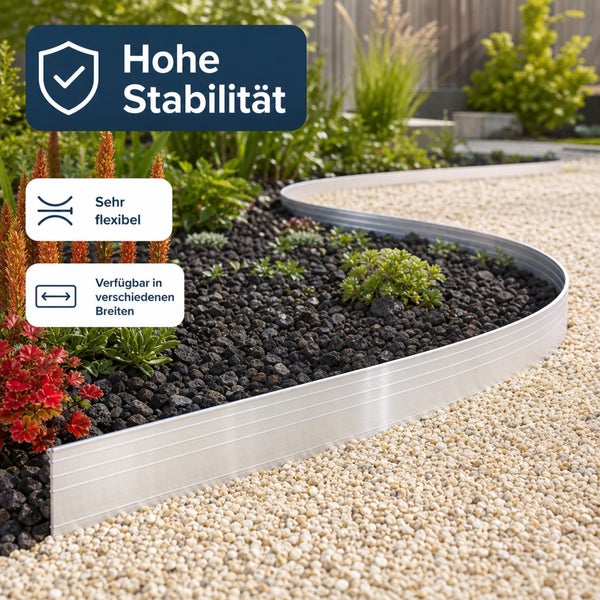 Flexible Rasenkante aus Aluminium im Gartenbeet mit Merkmalen zu Stabilität, Flexibilität und verschiedenen Breiten.