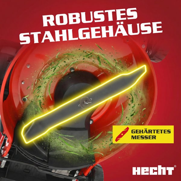 Detailaufnahme eines Rasenmähers mit robustem Stahlgehäuse und gehärtetem Messer von Hecht
