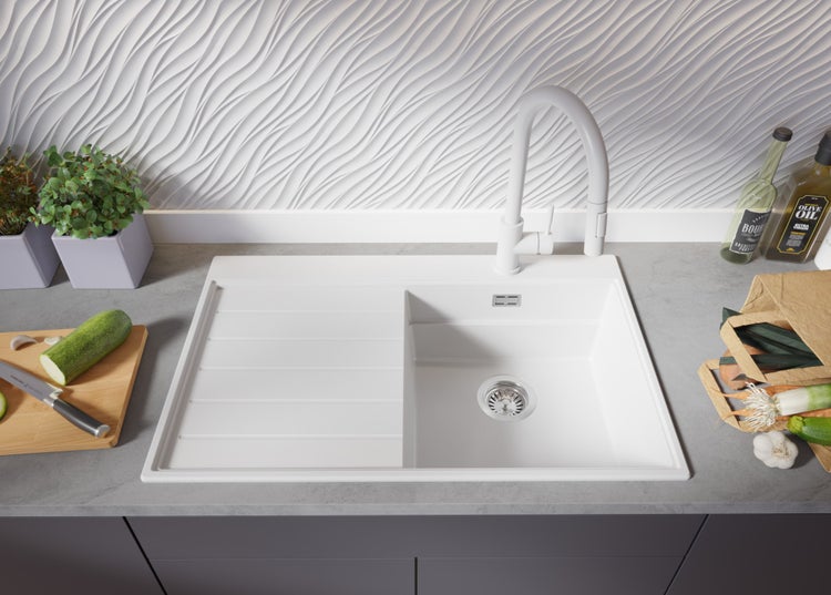 PRIMAGRAN Spülbecken Alles Weiß 78x50cm, Granitspüle 1 Becken + Ablauf-Set + Küchenzubehörset, Küchenspüle ab 45er Unterschrank - Sydney