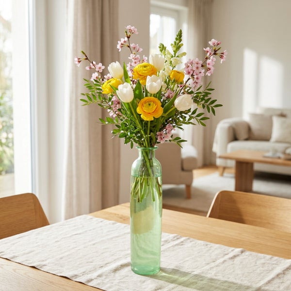 Ein bunter Blumenstrauß aus Tulpen und Ranunkeln steht in einer schmalen, hellgrünen Glasvase auf einem Holztisch in einem hellen Wohnraum.
